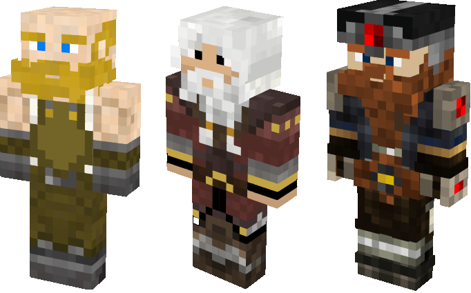 Three Dwarves of varying garb.